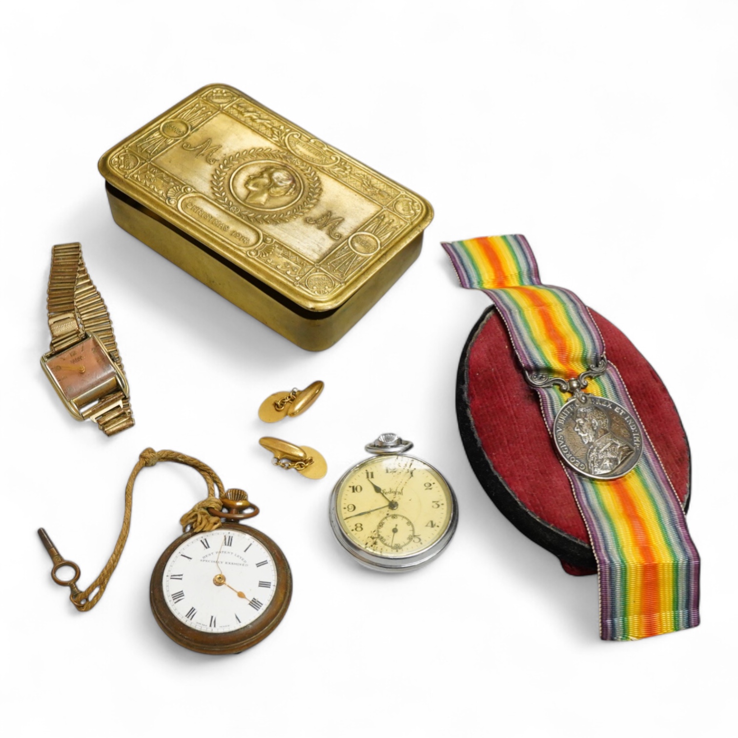 GRV military medal, related Christmas Mary tin, 1914, two pocket watches, etc.